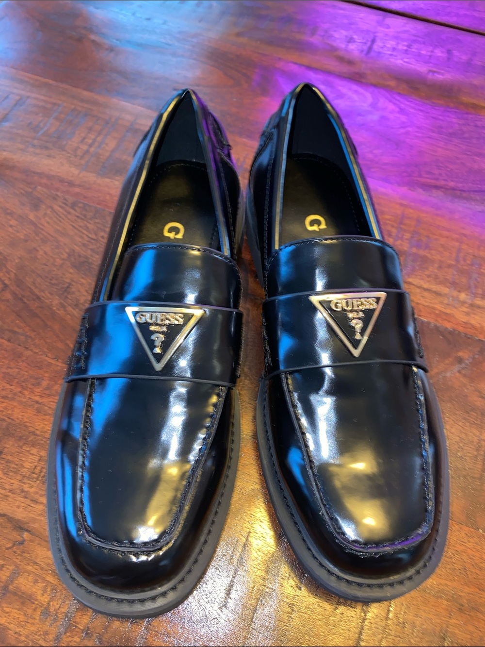 GUESS Black Patent Loafers with Gold Triangle Logo